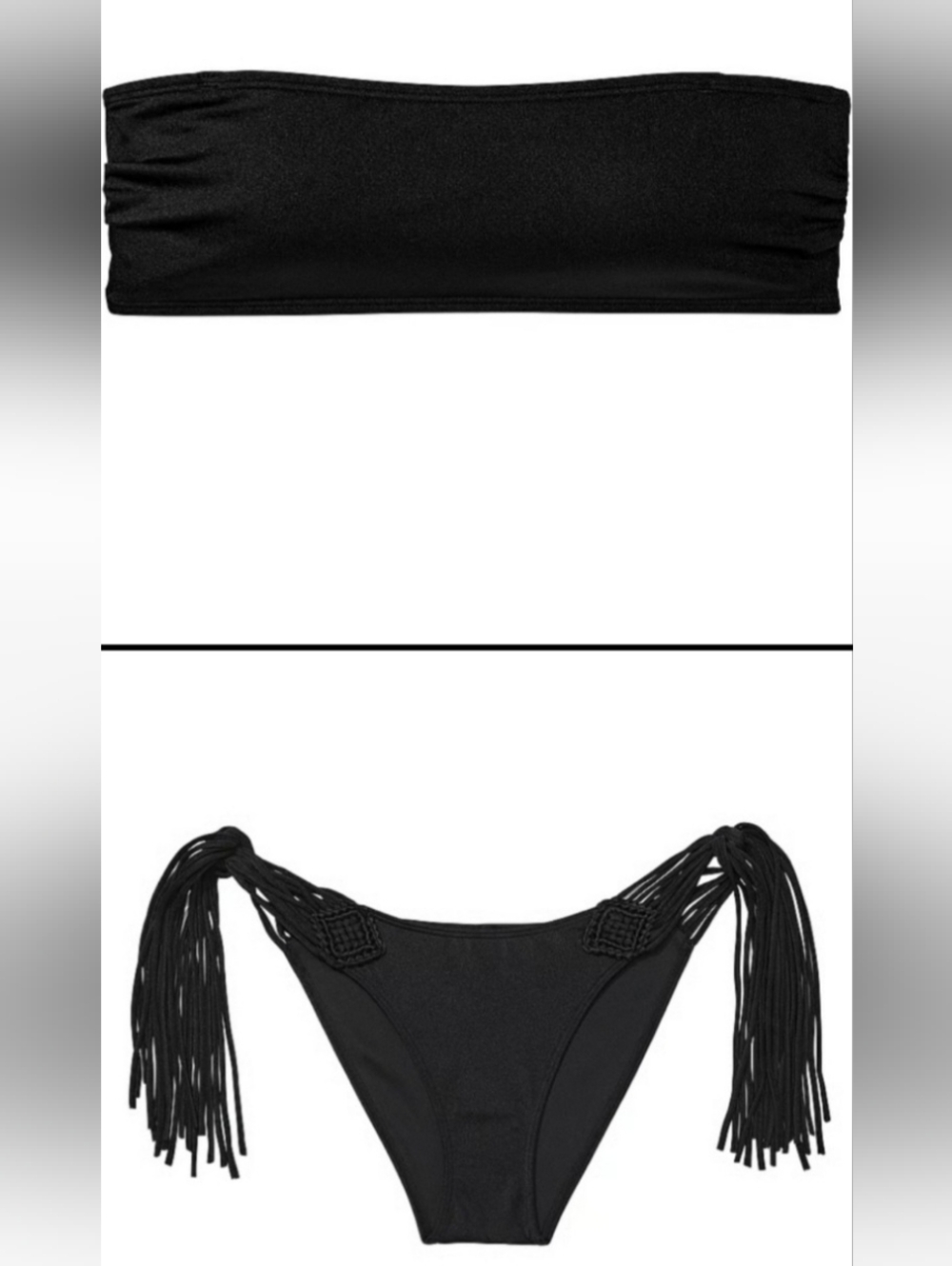 M/M VS Archives Swim Bandeau Macrame Fringe Cheeky Bikini Set Black Tropical